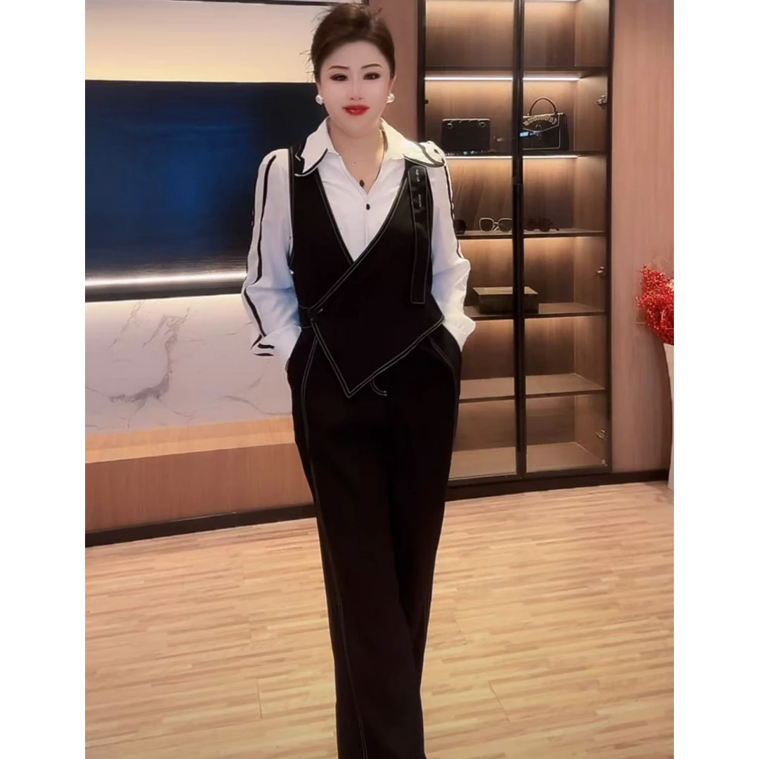 68036+68037复古酷飒背带裤女春新款设计感显瘦阔腿背带裤+衬衫NJ