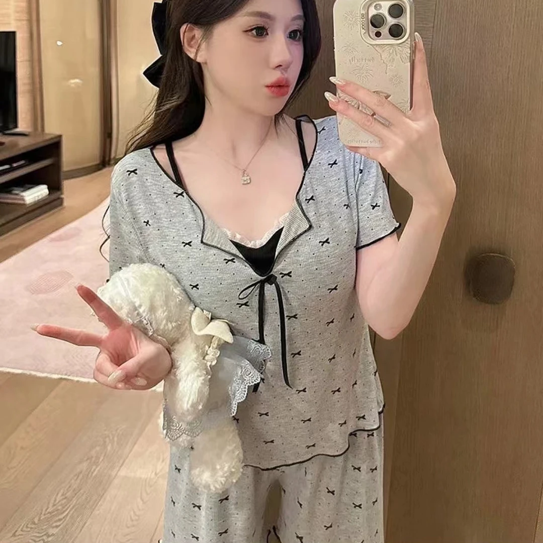 2025年莫代尔棉短袖蝴蝶结甜美夏季时尚高定睡衣女套装