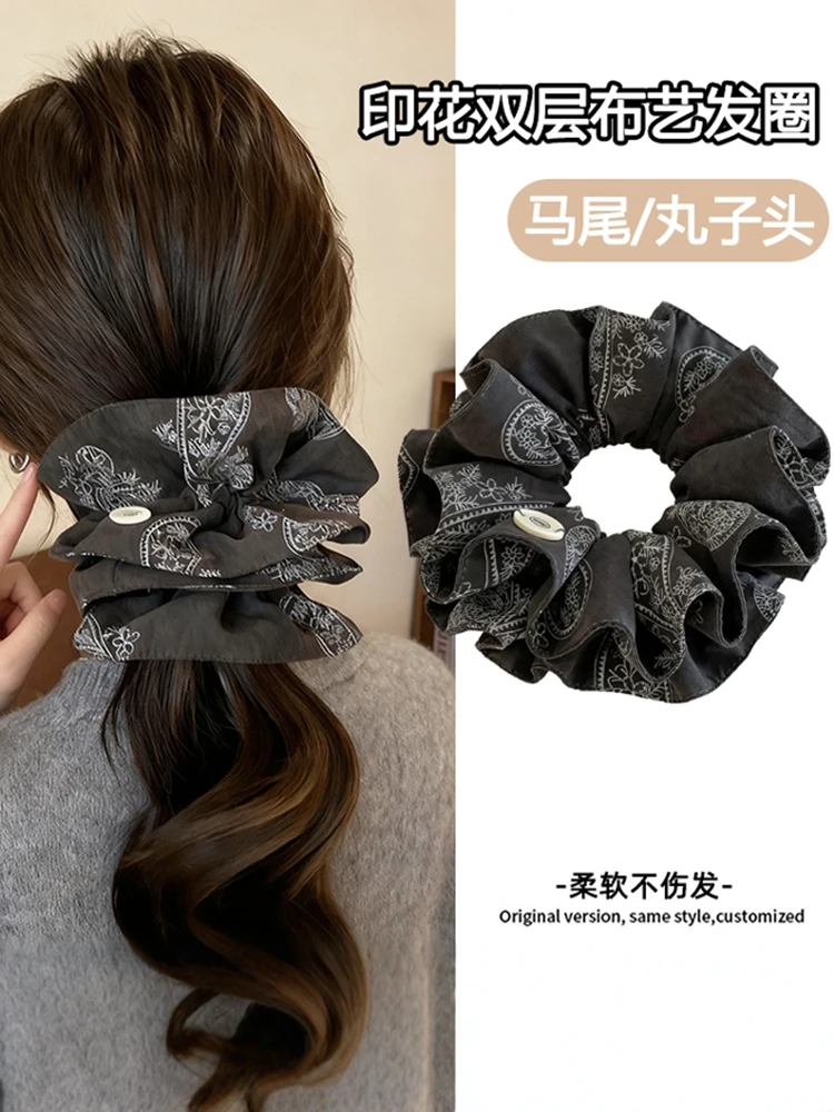复古碎花双层大肠发圈女2025新款低马尾发绳扎丸子头花发饰女皮筋