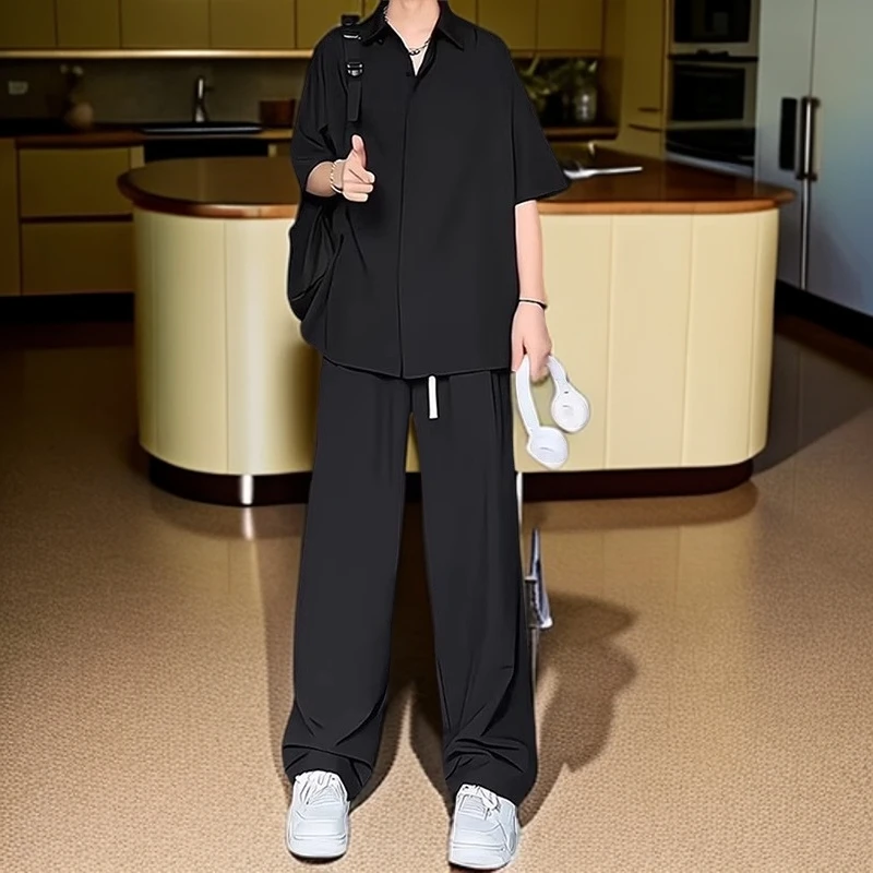 潮牌酸醋缎面冰丝休闲套装一套痞帅新款衬衫西裤男士夏日休闲套装