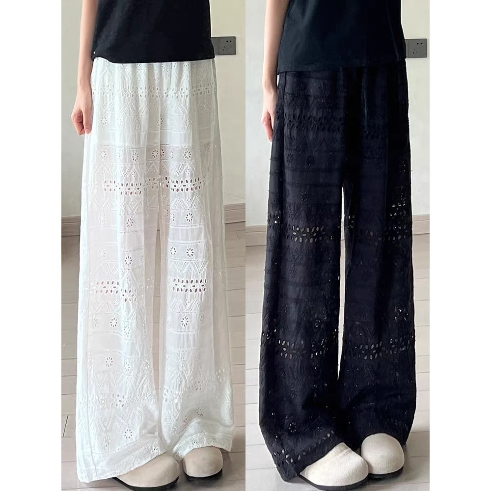 B 门店价49&9！白蕾休闲裤」环保棉亲肤镂空刺绣高腰阔腿裤女C23011