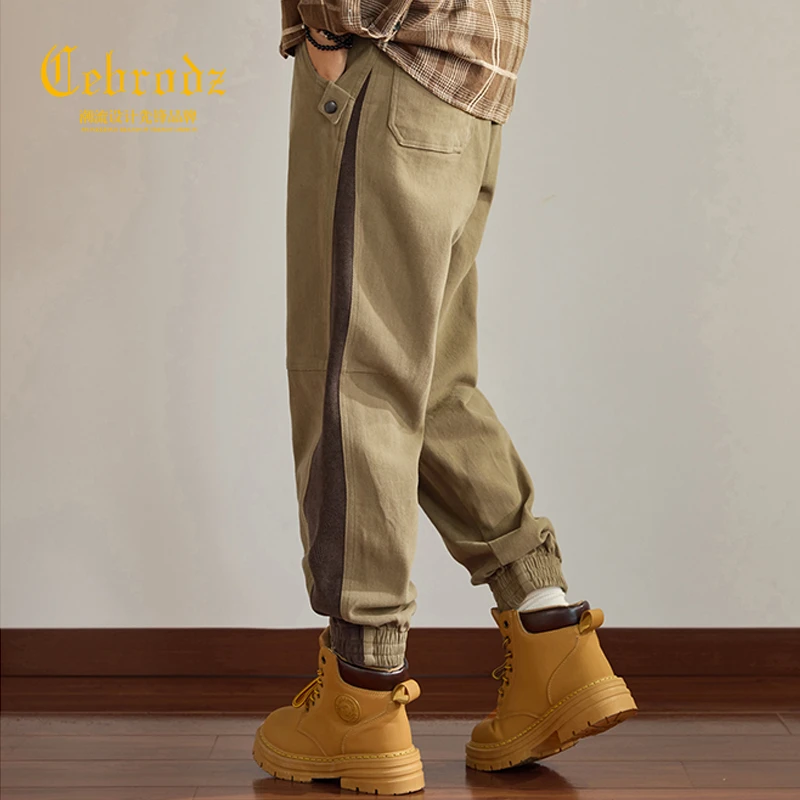 Cebrodz美式复古工装休闲裤男秋季新款宽松潮牌拼接撞色束脚运动