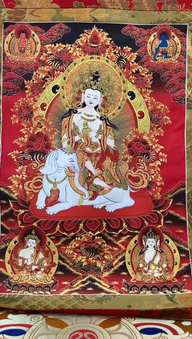 卷轴画矿物质喷绘  普贤菩萨1.3m金色龙布