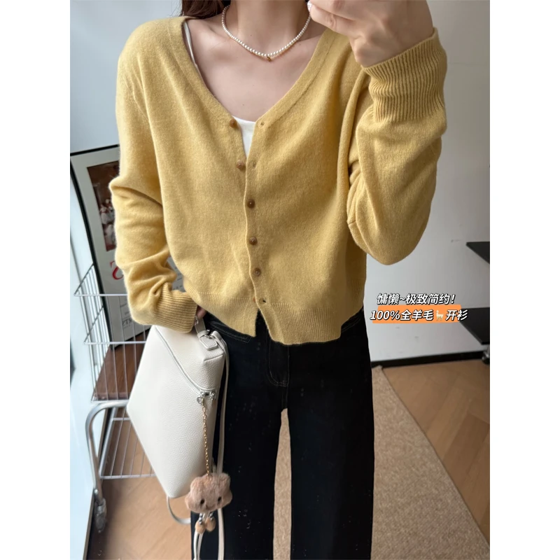 运费补贴小个子秋季韩系复古文艺甜美温柔风100%全羊毛针织开衫女