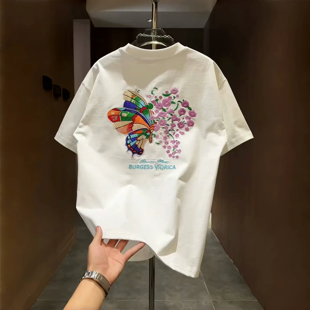 夏秋季新款国潮彩色蝴蝶印花卉短袖男士美式时尚纯棉修身圆领T恤