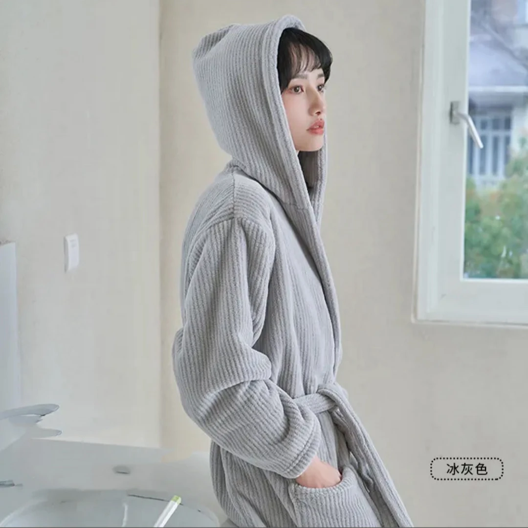 秋冬厚款吸水速干浴袍男女款连帽浴袍中长款