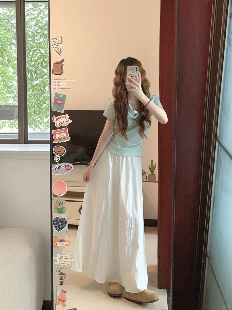 夏日绝美漂亮套装裙温柔甜美风蓝色荡领短袖t恤半身裙显瘦两件套