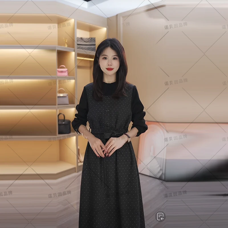 nuobeiyin/诺贝因秋季新款收腰显瘦波点假两件连衣裙 NNBY660953