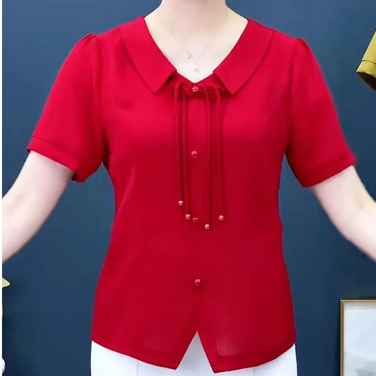 2025夏季短袖衬衫上衣修身显瘦时尚洋气小衫百搭减龄娃娃领妈妈装