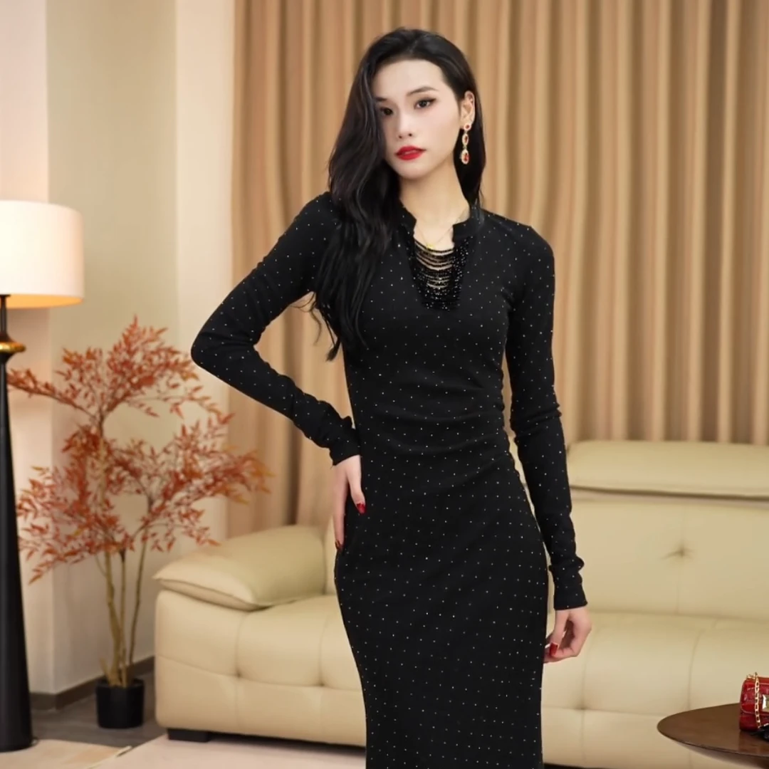 【安安】清冷气质细闪轻奢修身显瘦修身长袖连衣裙8325