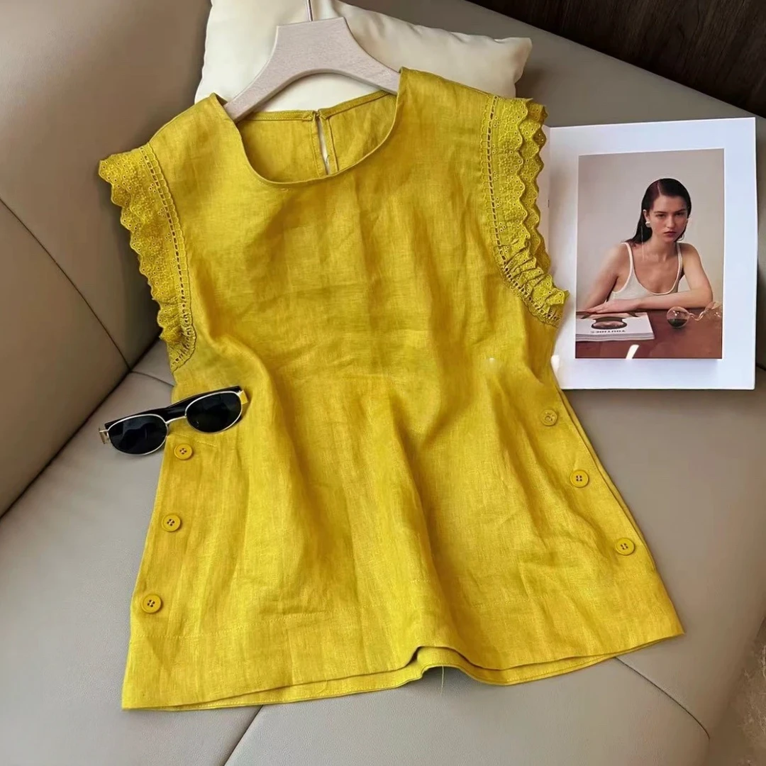 设计感花边袖钉扣收腰显瘦透气薄款上衣女2025年夏季新款漂亮小衫