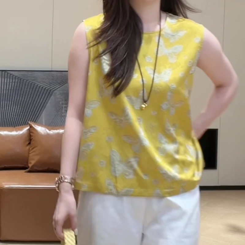 复古新中式提花无袖时尚单排扣上衣女2025年夏季新款无袖漂亮小衫