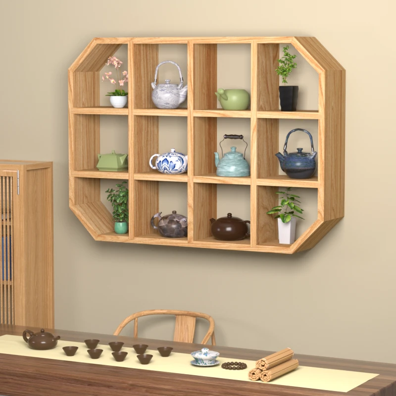 收尚新中式多宝阁架子茶壶置物架展示架上墙格子架实木挂墙品质