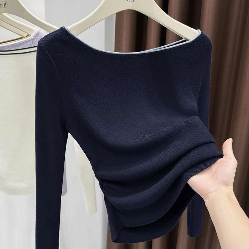 藏蓝色长袖修身打底衫洋气外穿斜肩领上衣女秋冬新款百搭针织小衫