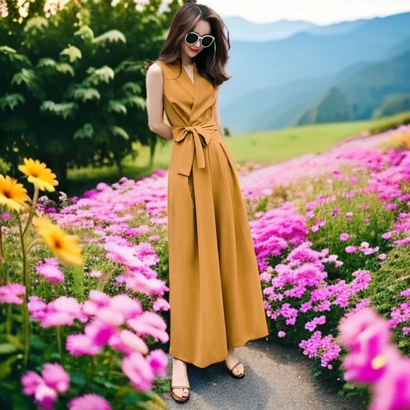 时尚气质连体阔腿裤连衣裙女网红夏季时尚休闲v领修身御姐减龄