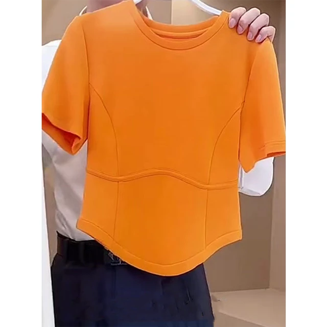 橙色下摆不规则圆领正肩短袖T恤女2025夏季新款时尚洋气百搭上衣