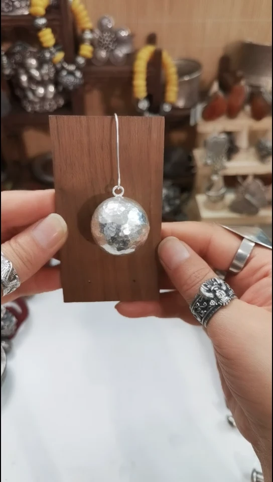 无925银居*925银凹坑面圆珠耳环（单只）