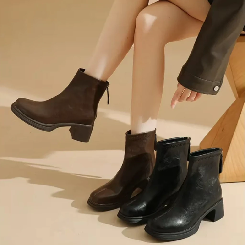 【品牌女鞋】英伦方头短靴秋季冬季后拉链高跟防滑粗跟黑色皮靴-888