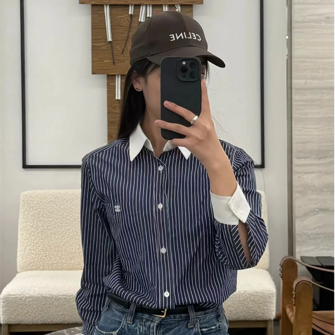 未使用 Celine/思琳 Celine 条纹长袖衬衫 蓝白34