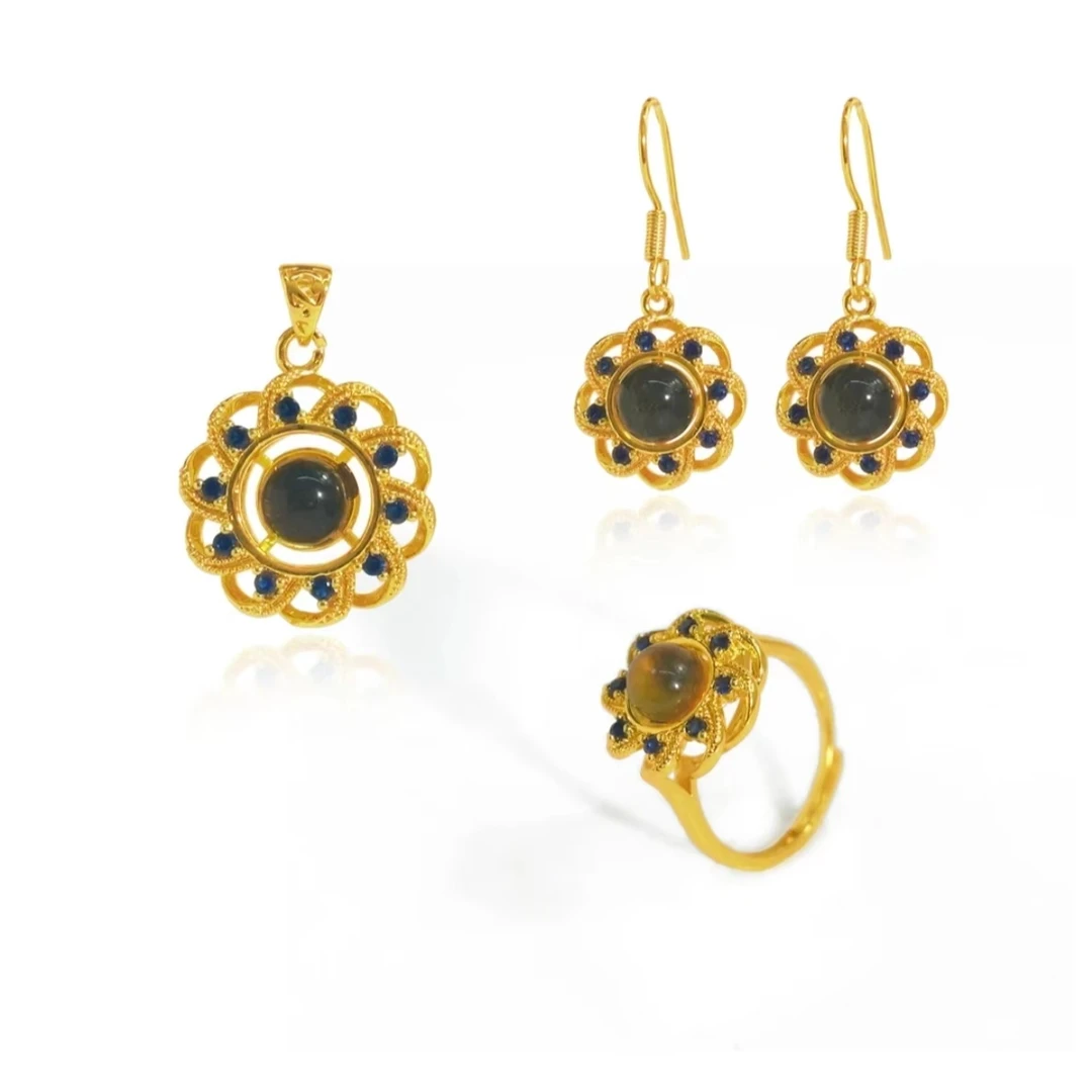 【兰总】BM-S145#净水蓝珀系列三件套合金镶嵌（赠合金链）