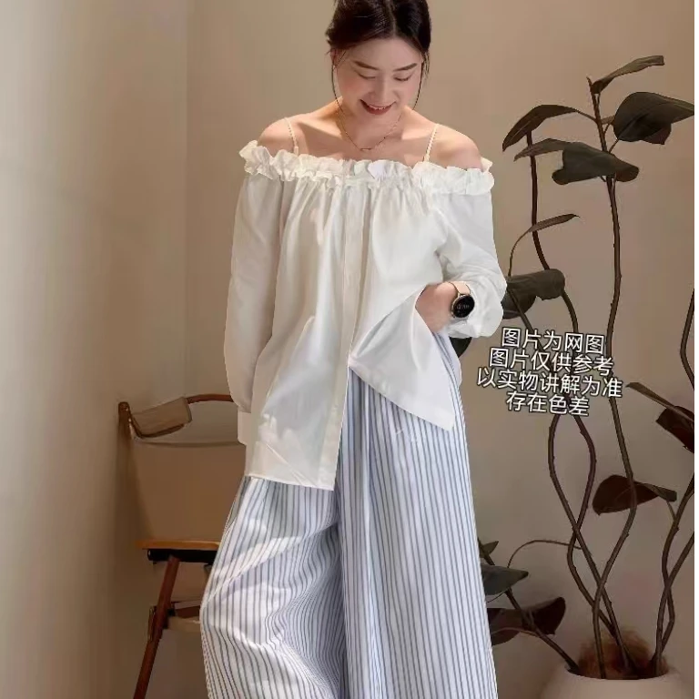 2025夏季新款大码女装韩系清冷一字肩木耳边衬衫+条纹阔腿裤