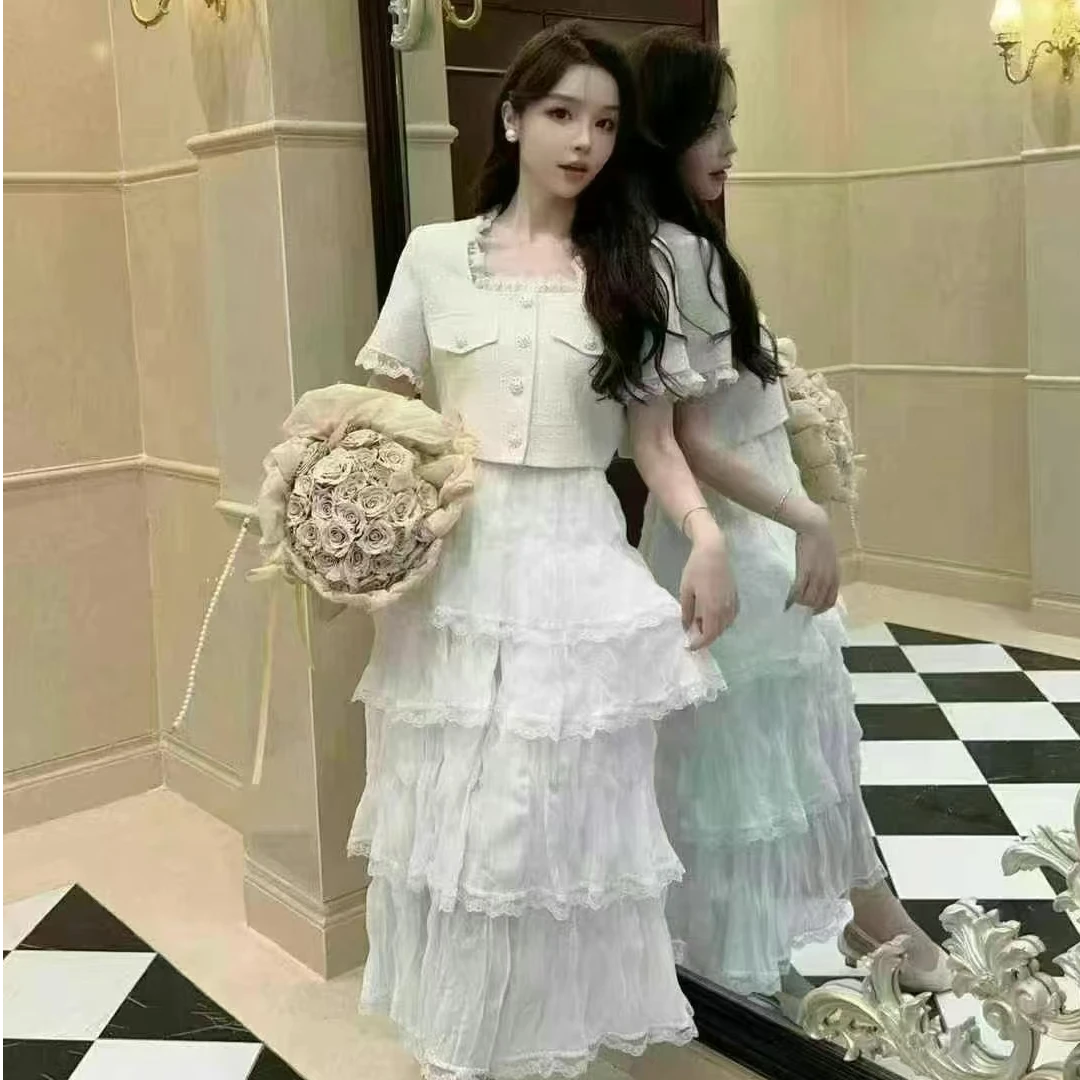 小香风蛋糕裙白色显瘦短款套装休闲开春韩系纯欲慵懒风女装