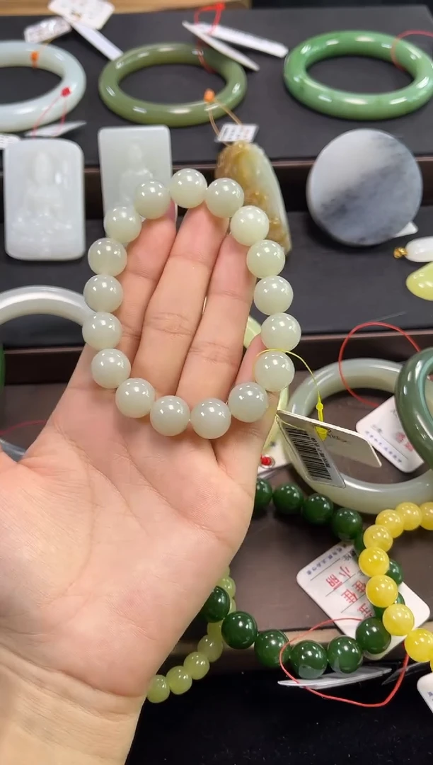 未镶嵌手串和田玉卡12且末青白 圆珠9012838