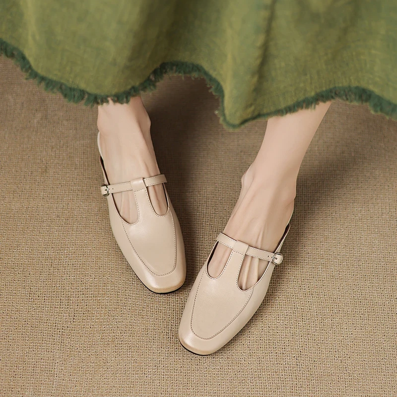 2025春夏新款仙女粉粗跟半拖鞋女真皮中跟透气包头拖穆勒鞋夏季