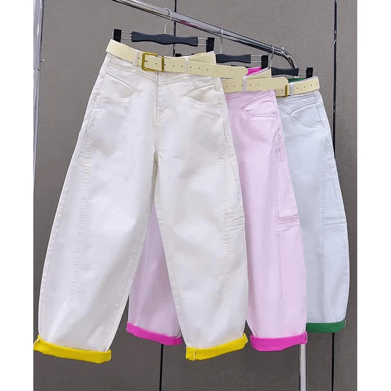 大码拼色阔腿哈伦牛仔裤2025年春季新款梨形身材高腰设计感九分裤