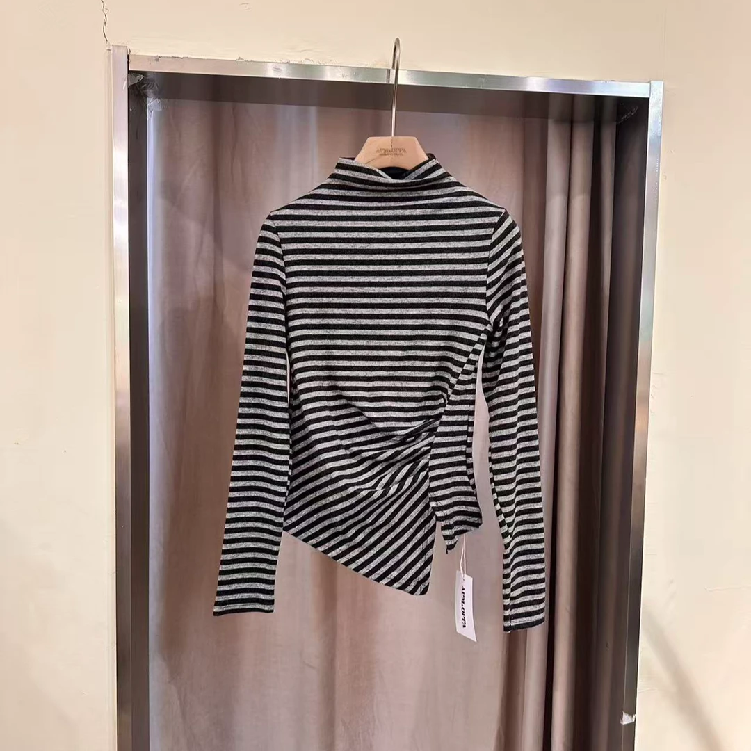 条纹排汗长袖有弹力拼接T恤女士针织半高领内搭X5F27i6975