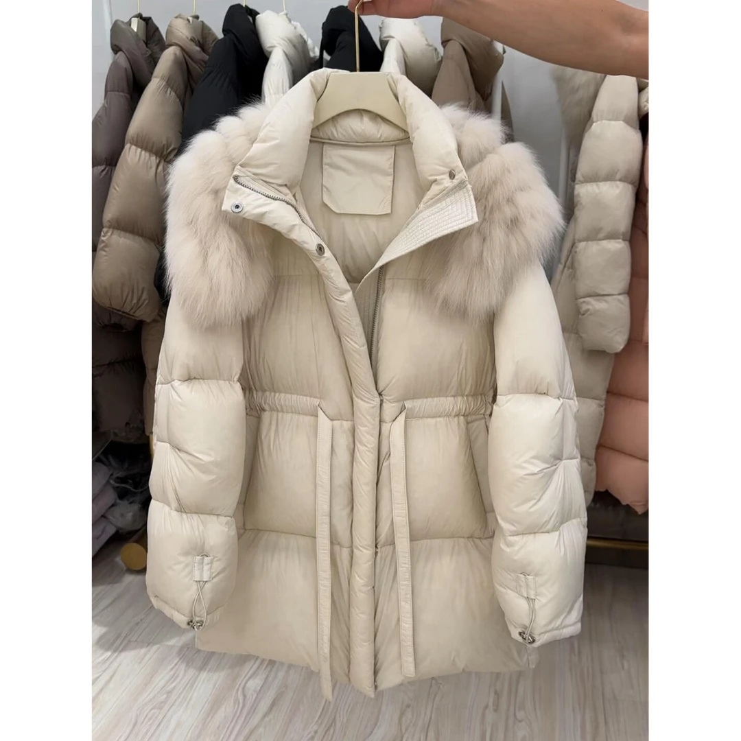 韩系中长款大毛领棉服女装2025冬季新款韩版时尚连帽加厚保暖外套