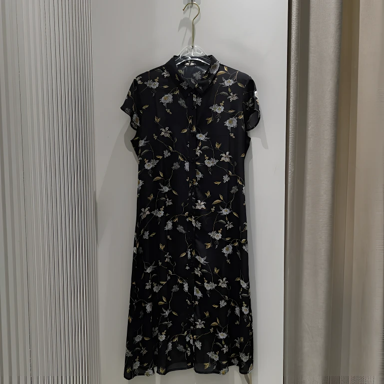 桑蚕丝双绉小飞袖连衣裙女真丝碎花翻领系带法式显瘦中长裙D23