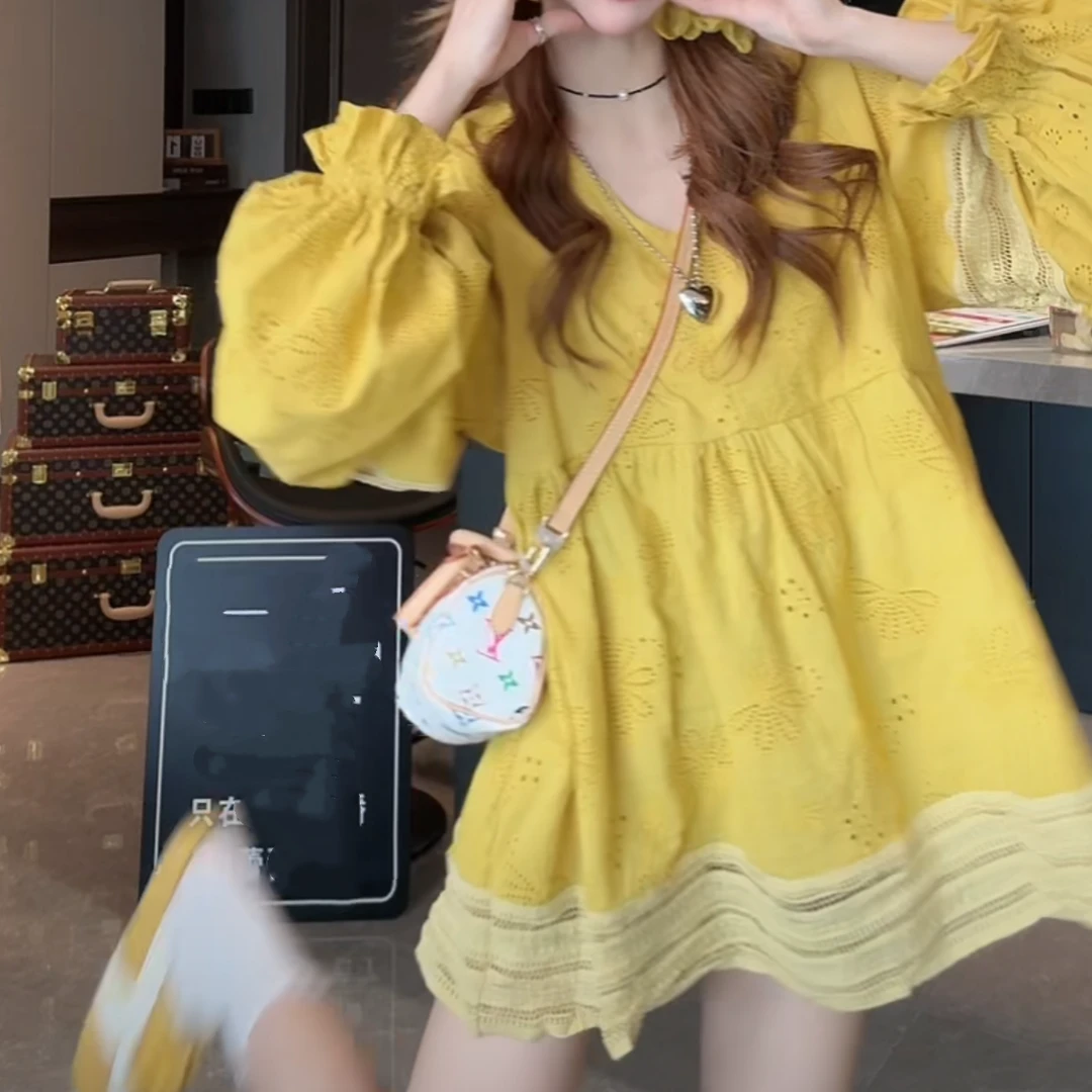 镂空刺绣蕾丝花边灯笼袖衬衫女2025春夏新款法式甜美时尚上衣