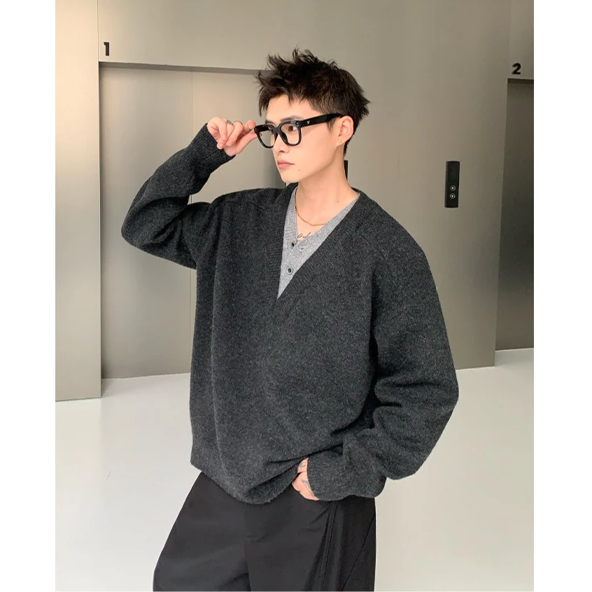 假两件V领重磅毛衣针织衫男秋冬cleanfit老钱风宽松痞帅保暖线衣