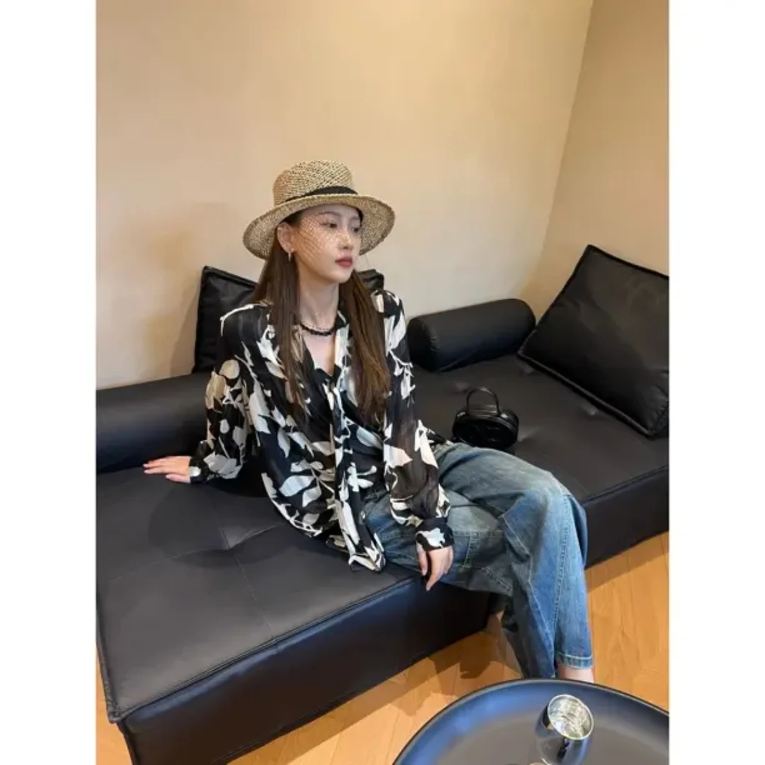 【商场同款】早秋新款气质百搭复古印花薄款系带长袖衬衫女130113