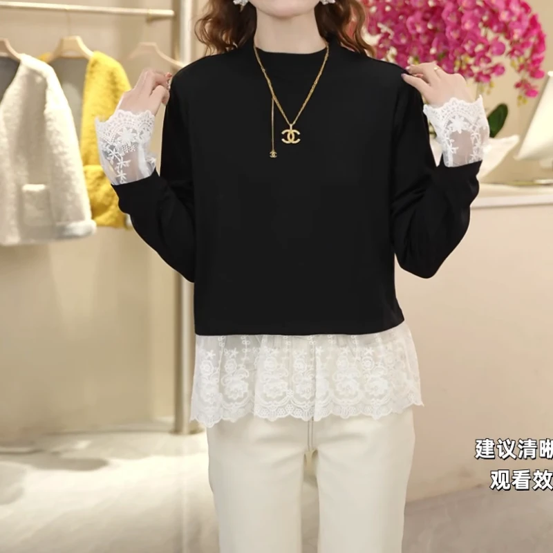 秋冬拼接蕾丝加厚简约时尚百搭长袖圆领减龄上衣LK2501121