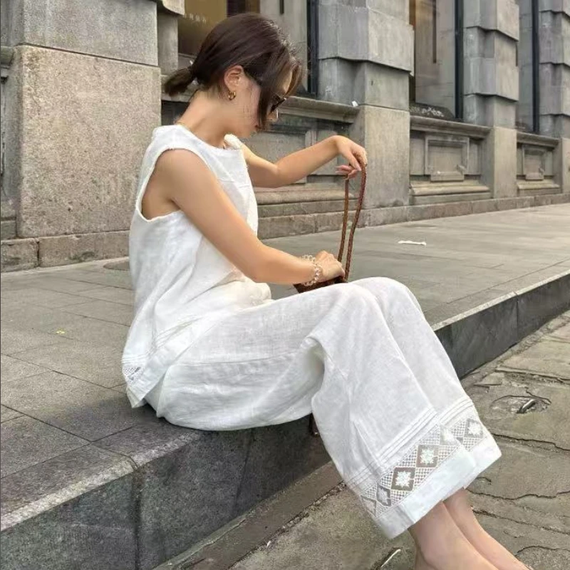 100%亚麻刺绣无袖背心套装女2025夏季新款夏季轻薄宽松直筒休闲裤