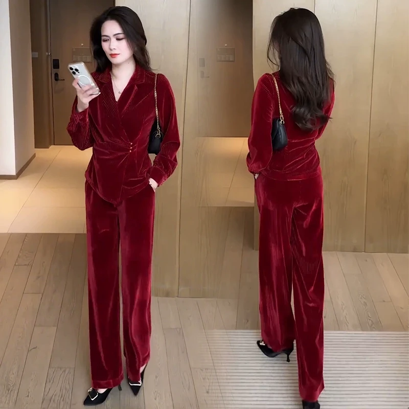 时尚洋气套装女2025春季新款时髦气质显瘦金丝绒上衣阔腿裤两件套