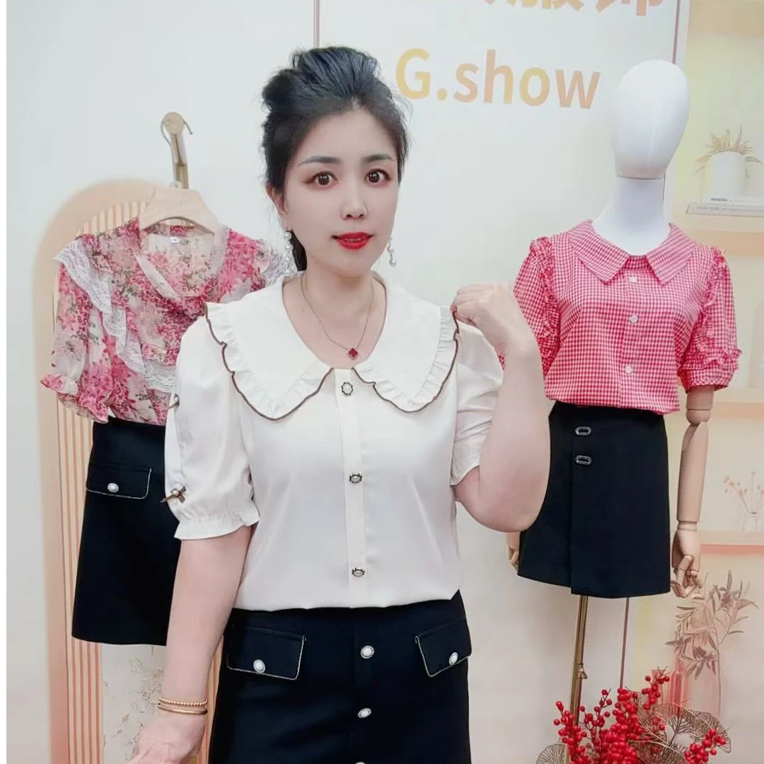 时尚花边灯笼袖轻奢洋气减龄显瘦遮肚子百搭上衣（8096）