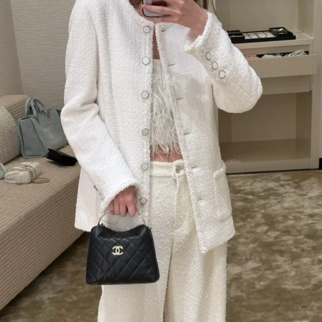 99新 Chanel/香奈儿 25S白色白月光斜纹软呢外套/F38/编号4271