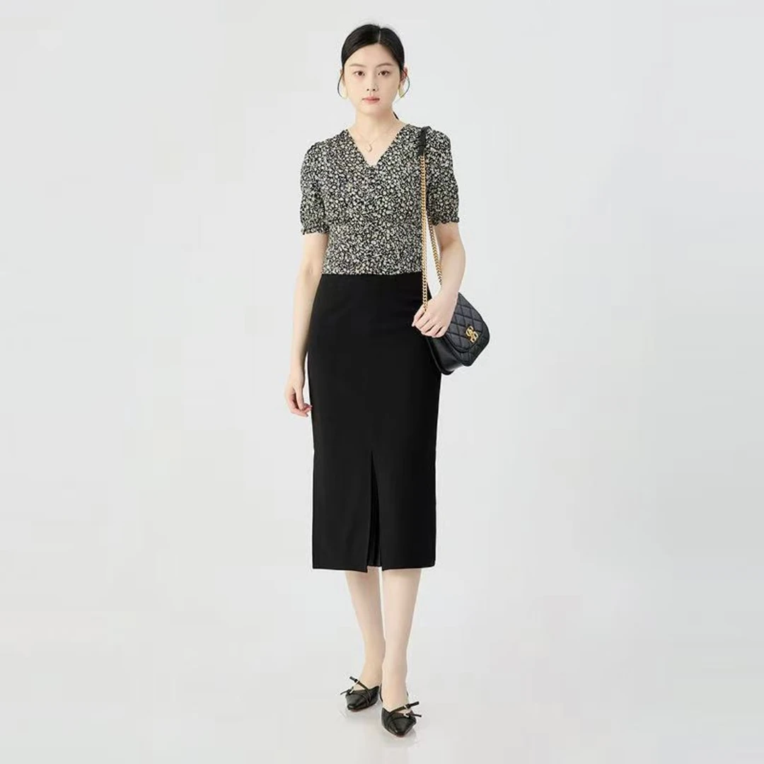 哥弟 法式田园风印花V领短袖衬衫130049