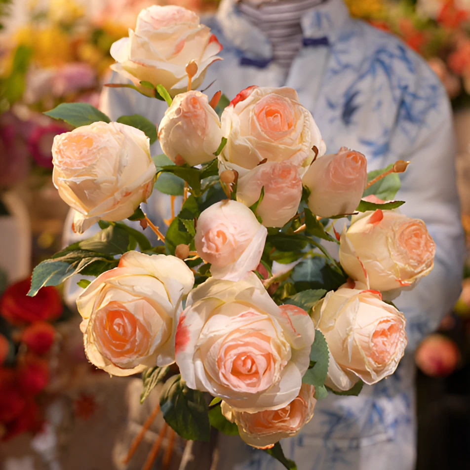 粉绿色焦边单头大玫瑰花 餐桌花 仿真花 奶油风摆件假花