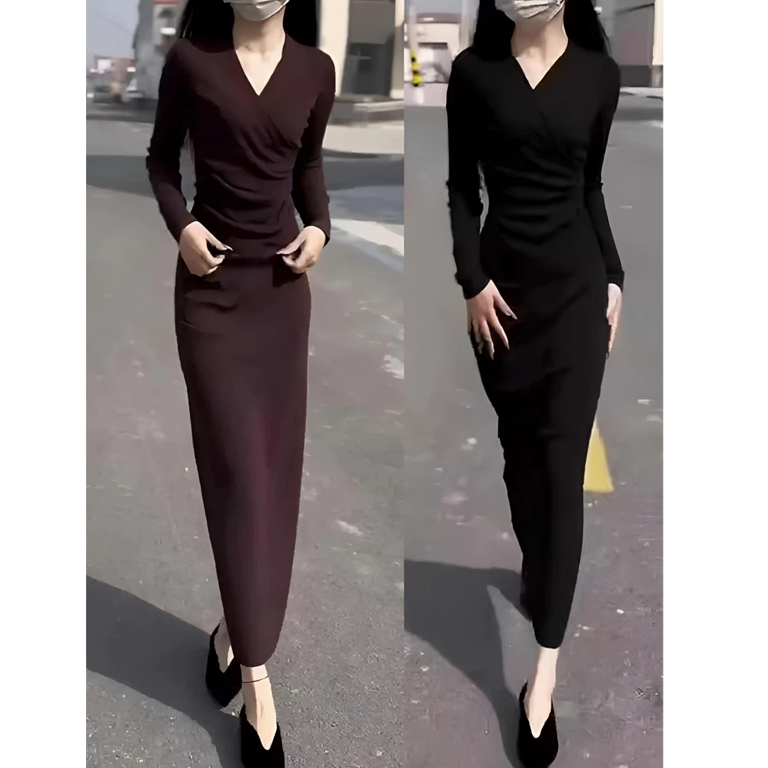 赫本风黑色连衣裙女春秋新款内搭打底收腰V领显瘦小黑裙包臀长裙