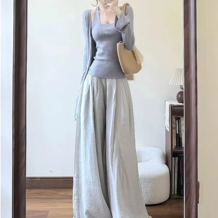 2025秋季新款慵懒风长袖针织开衫挂脖吊带高腰阔腿裤时尚三件套装