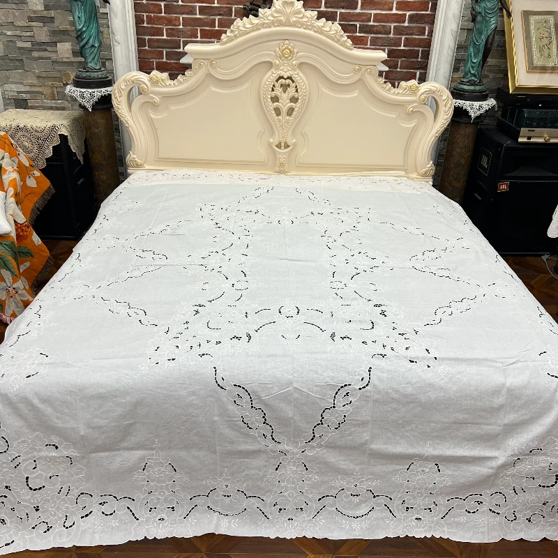 JX121纯亚麻（210*260cm）白色手工锁绣扎木绣雕平绣加大床单/床盖