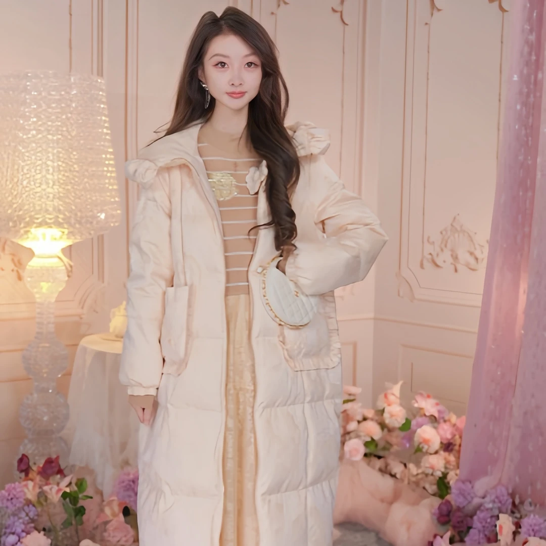 2025朝峰鹅绒新款长款气质百搭连帽羽绒CFF5D968-9130Y