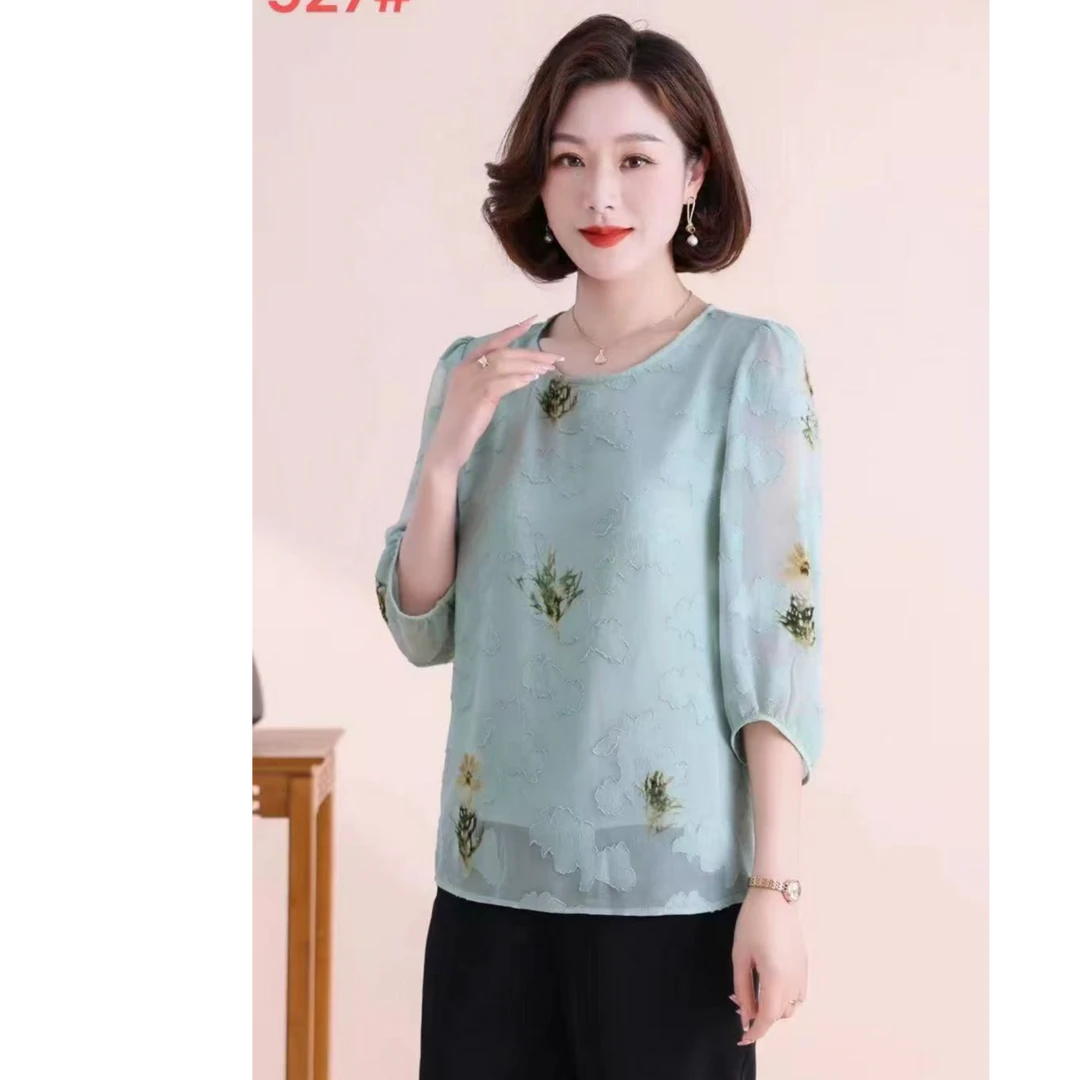 【线上线下服饰】贵妇人气质夏装洋气真丝短袖大码上衣