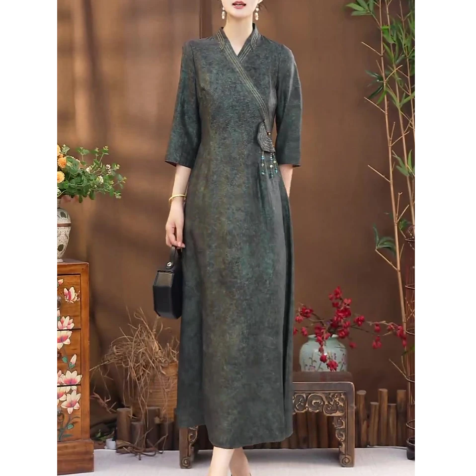 新中式国风改良旗袍连衣裙2025夏装新款文艺复古收腰显瘦高贵长裙