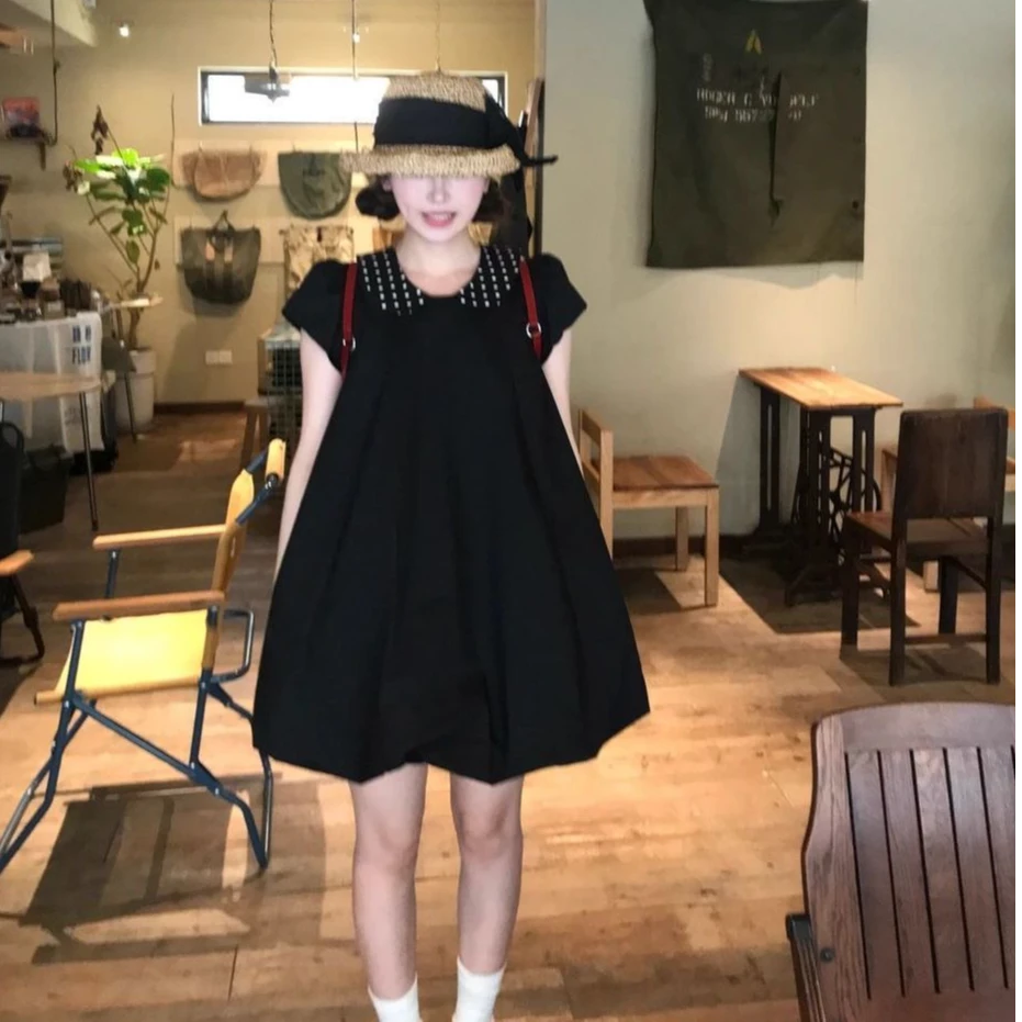 夏季新款甜美可爱风格衣服波点娃娃领设计感小众a字花苞连衣裙女