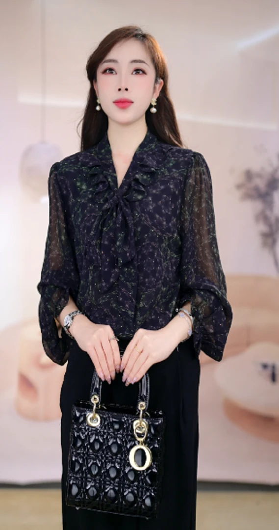 Y100高端时尚长袖碎花衬衫女显瘦气质新款衬衣